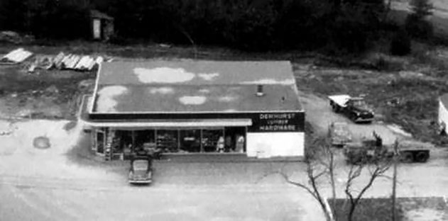 Aerial view of the original Dewhurst Lumber store from the 1950s.